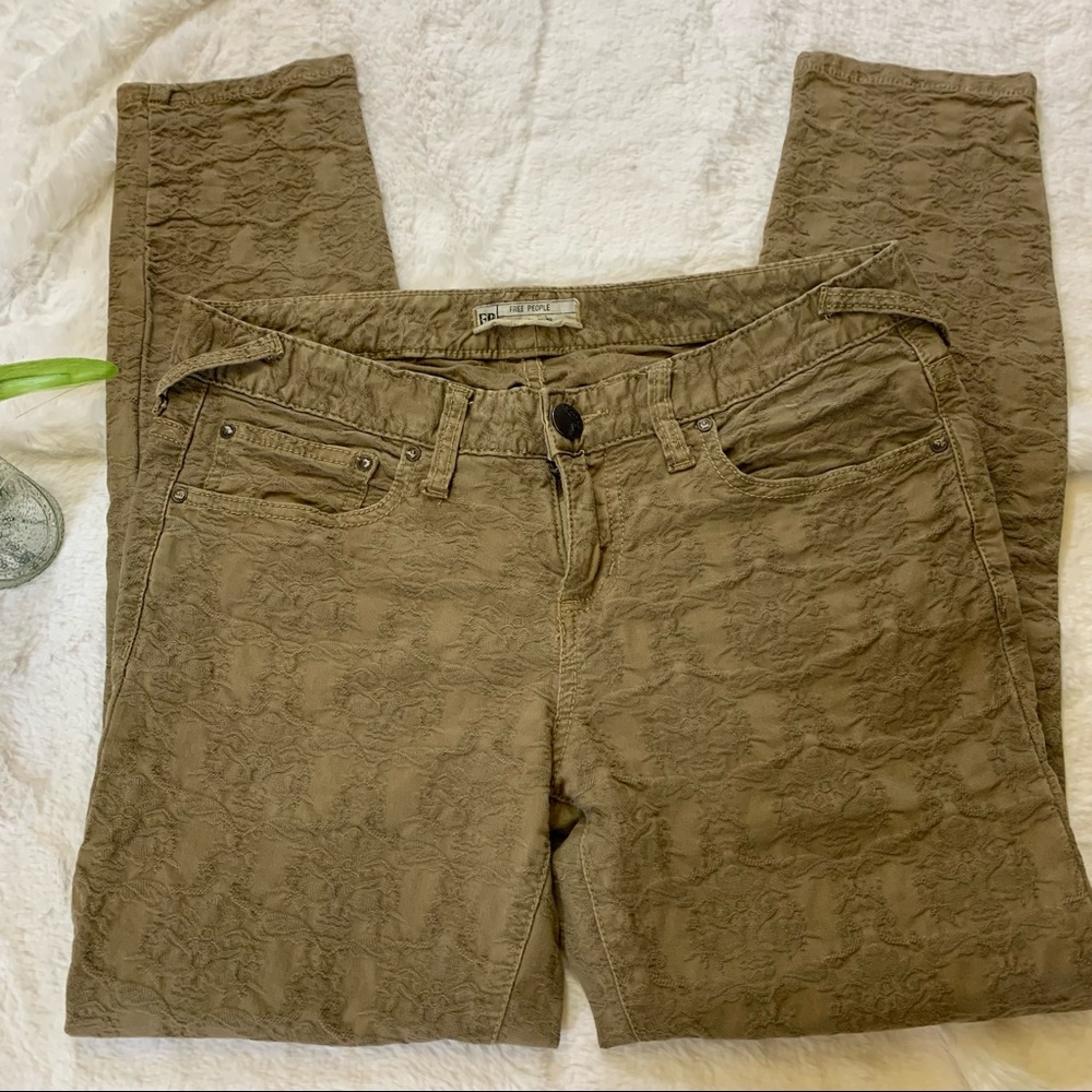 Free People Vintage Jacquard Skinny Jeans Tan Sz 28